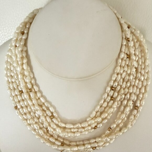 VINTAGE 5 STRAND FRESHWATER RICE PEARL NECKLACE 14K GOLD FILGREE CLASP 31" OPERA - Picture 5 of 8